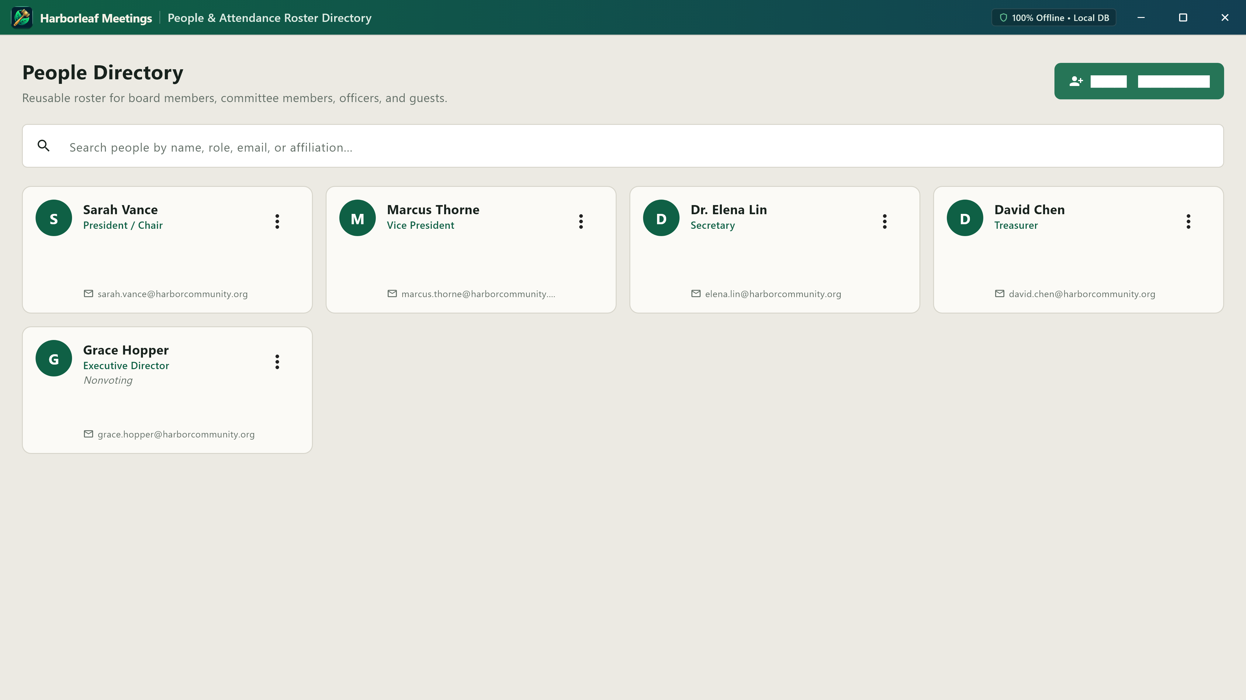 Harborleaf Meeting people directory for members, officers, and guests