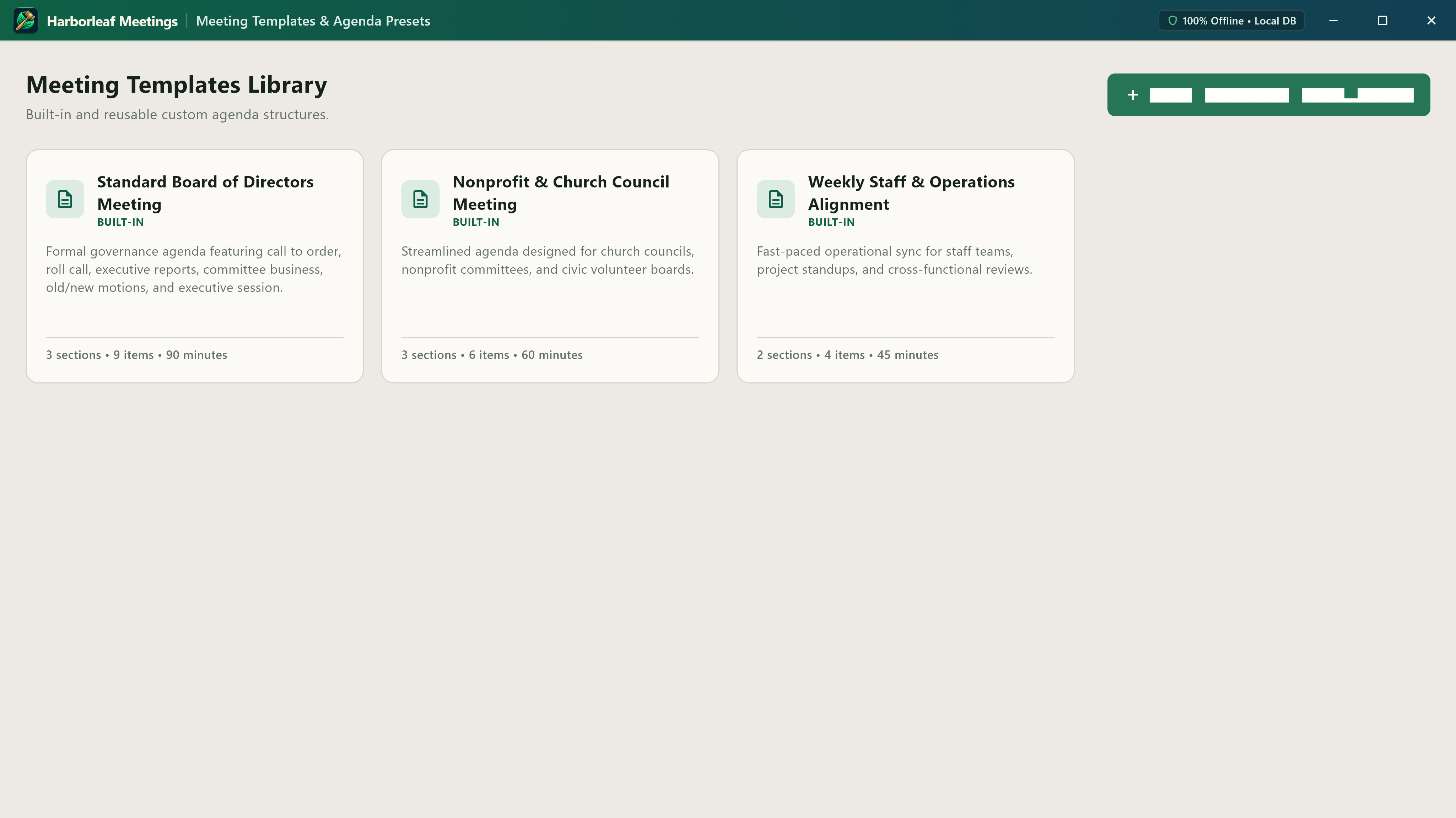 Harborleaf Meeting governance template selector