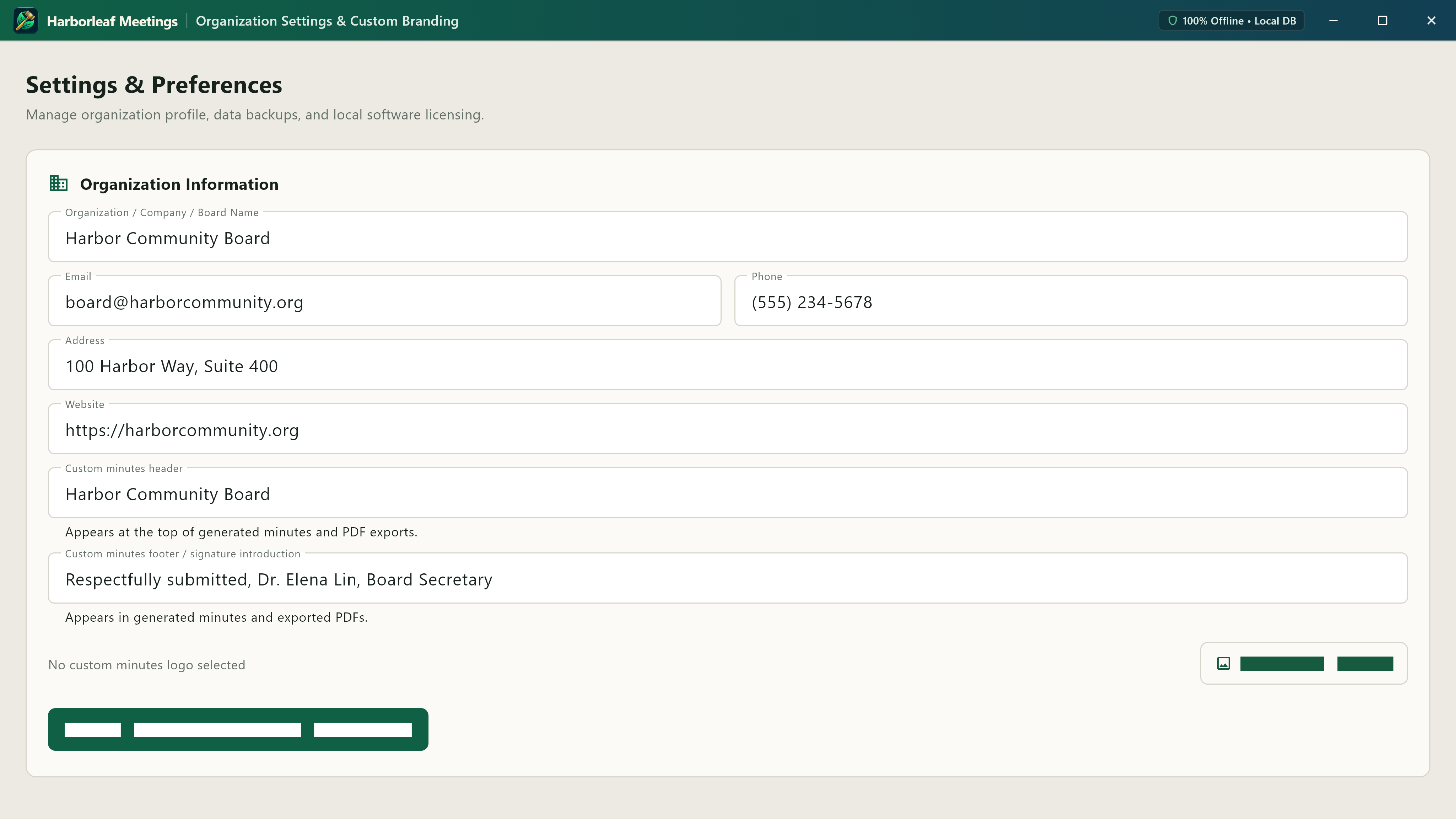 Harborleaf Meeting organization branding and certified PDF export settings