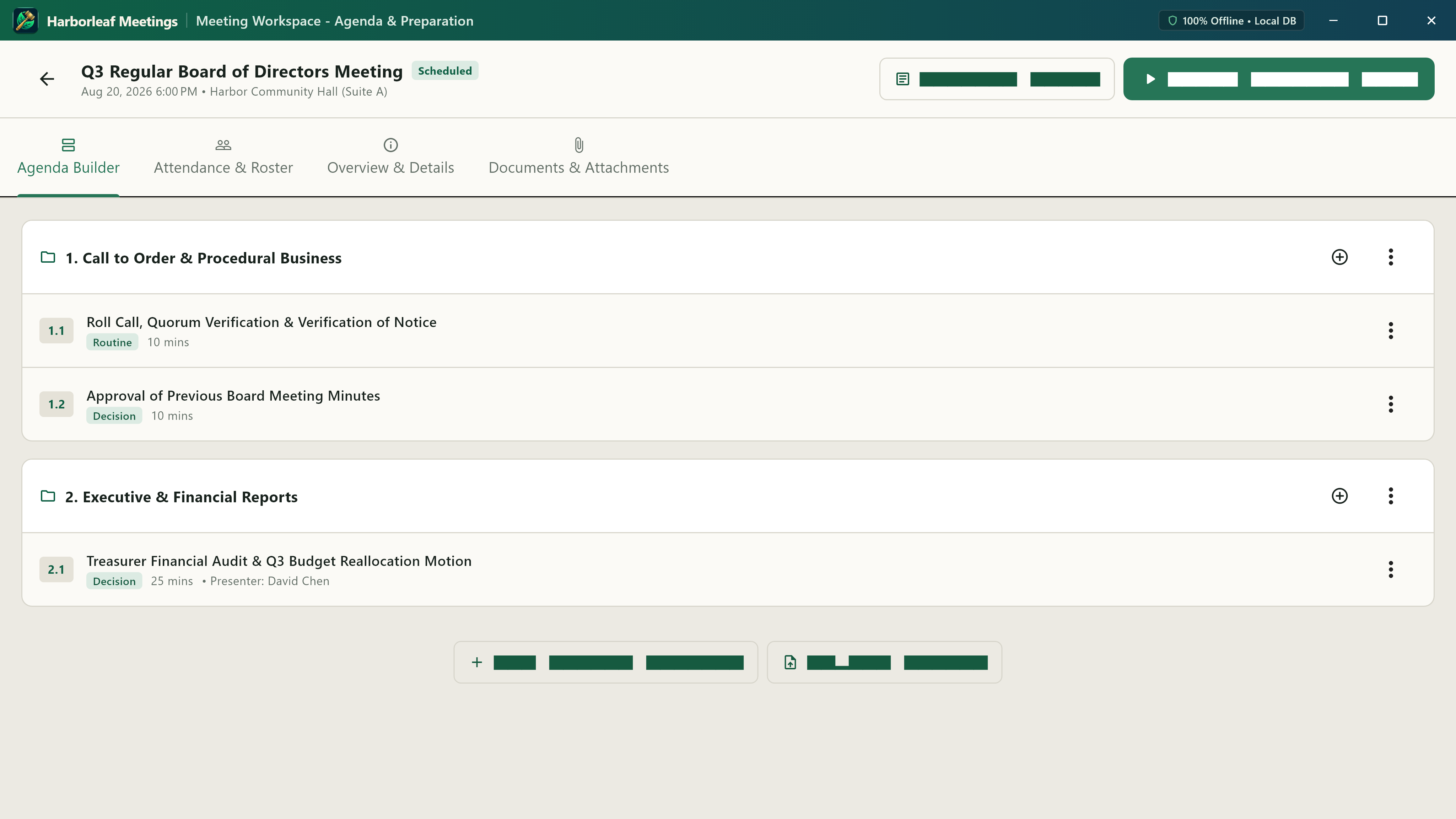 Harborleaf Meeting agenda builder showing numbered sections, timed items, presenters, and motion tags