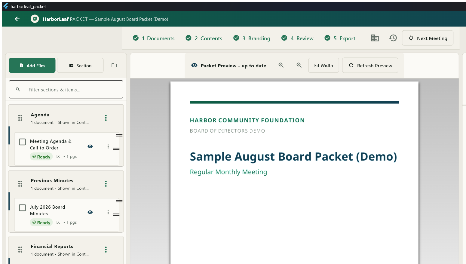 Harborleaf Packet workspace displaying the PDF generated from demo documents