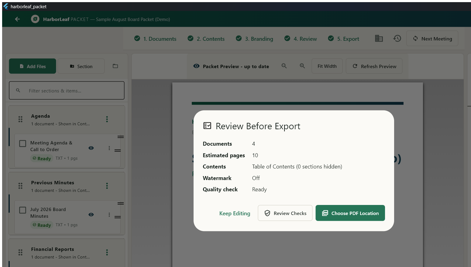 Harborleaf Packet export review showing document count, estimated pages, contents, watermark, and readiness