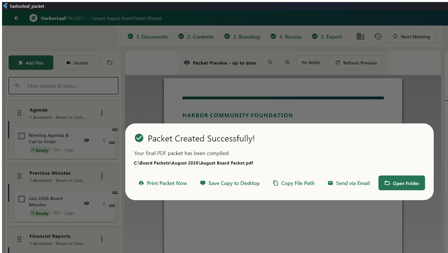 Harborleaf Packet confirming that the final PDF was created successfully